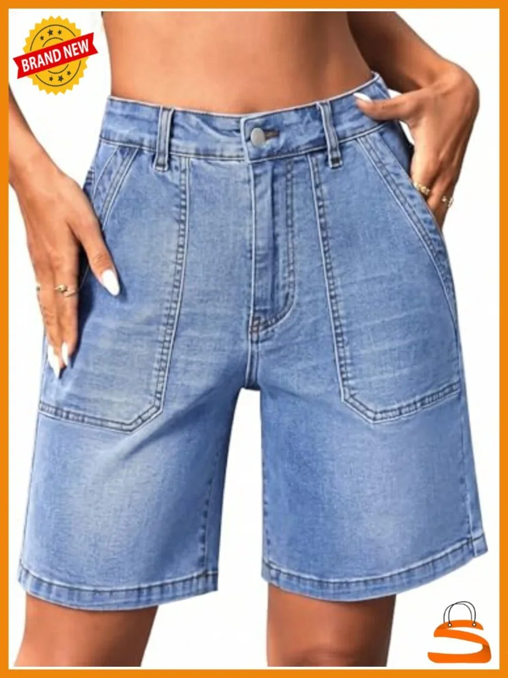 Stretchy Denim Bermuda Shorts with Elastic Waist and Pockets
